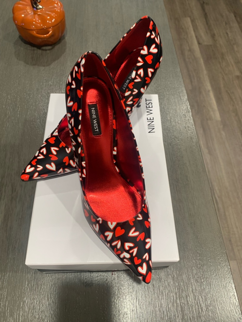 Nine West Black Pumps with Red & White Heart Print